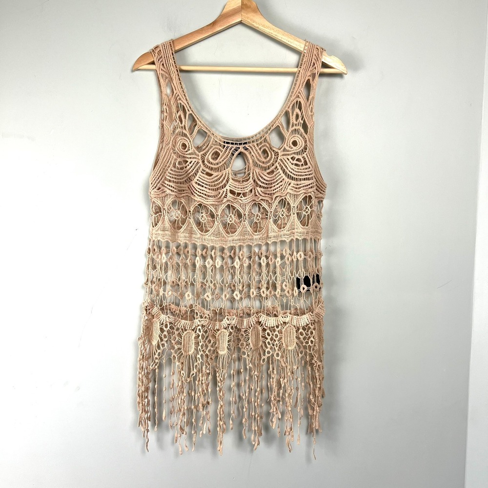 Bebe Womens M Tan Cotton Crochet Fringed Open Knit Tank Top Layering Festival